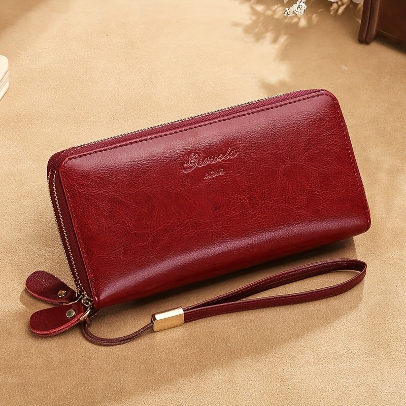 Portefeuille femme zippé anti-RFID en cuir huilé, 20 cm