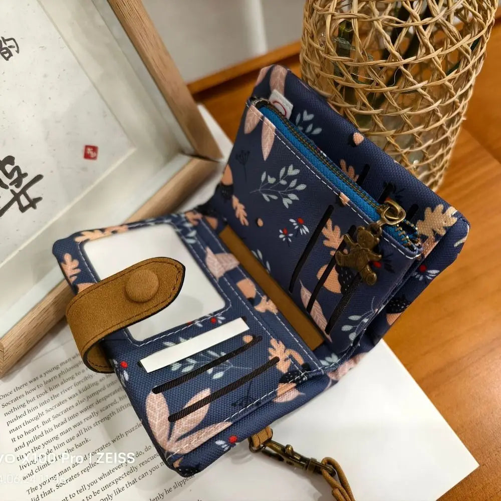 Portefeuille court femme en cuir PU imprimé floral avec zip et bouton pression — photo 3