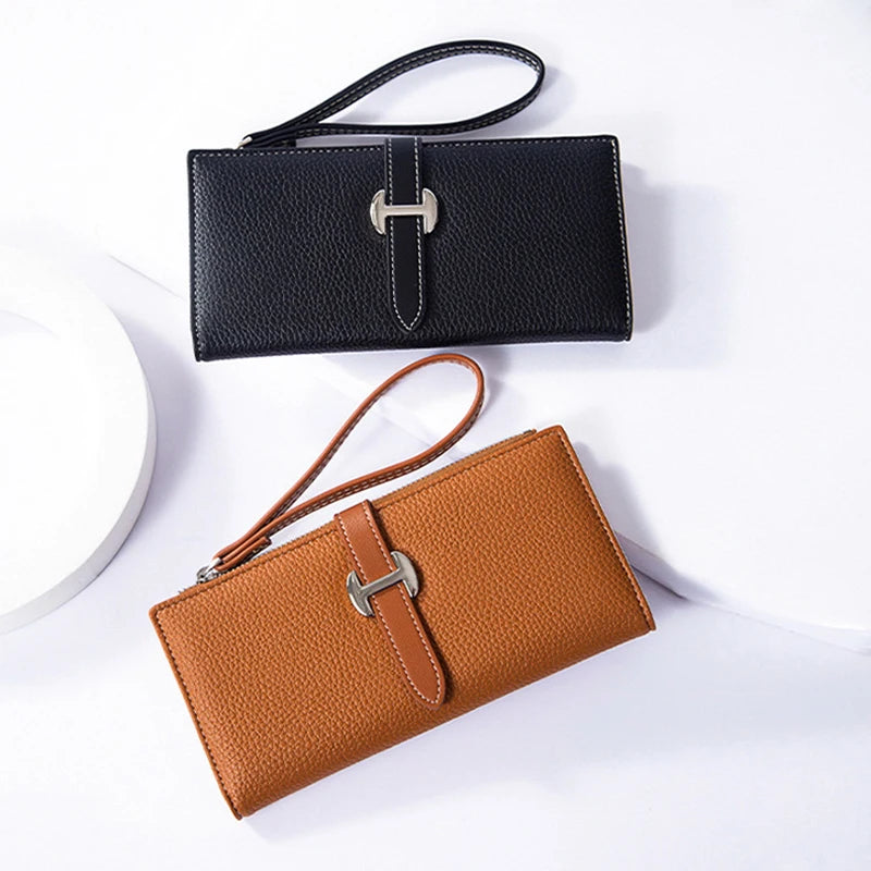 Portefeuille long femme en cuir PU avec dragonne et fermeture zippée élégante — photo 1
