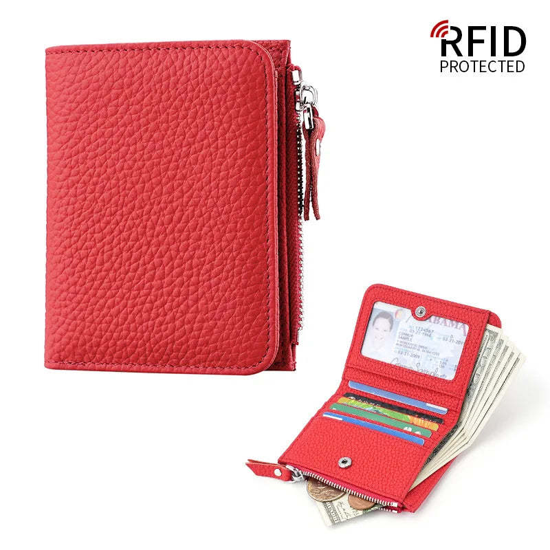 Portefeuille femme compact en cuir véritable RFID avec zip et porte-cartes sécurisé — photo 1