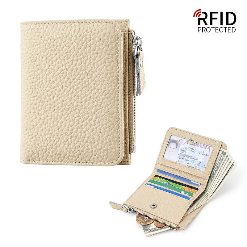 Portefeuille femme compact en cuir véritable RFID avec zip et porte-cartes sécurisé — photo 3