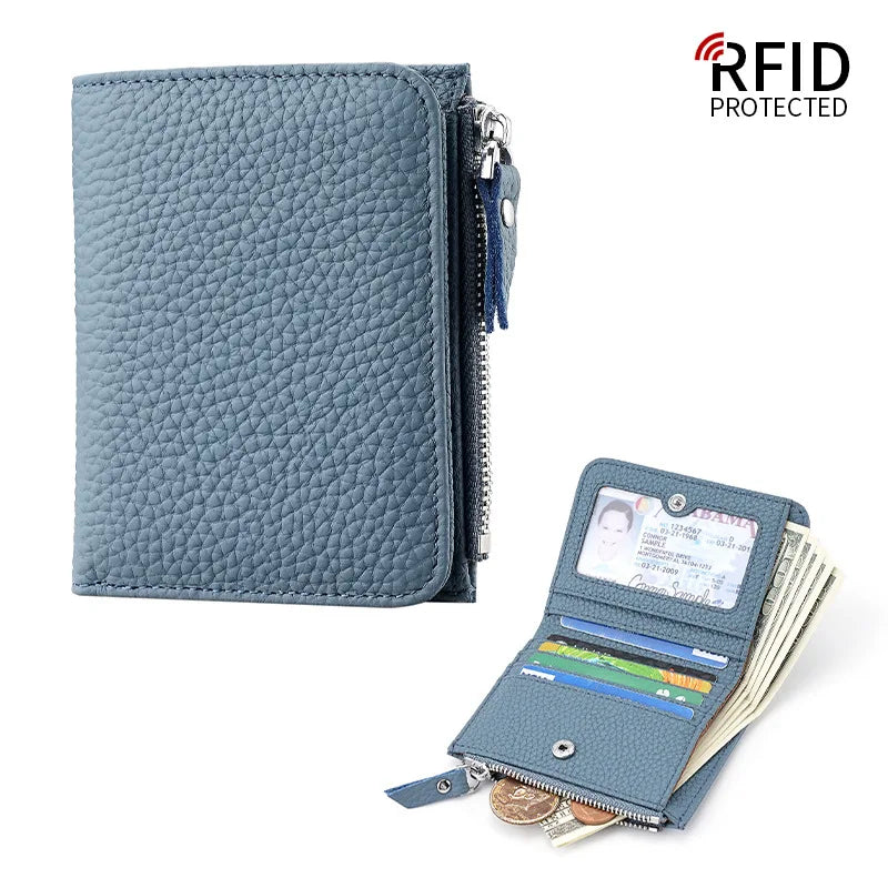 Portefeuille femme compact en cuir véritable RFID avec zip et porte-cartes sécurisé — photo 4