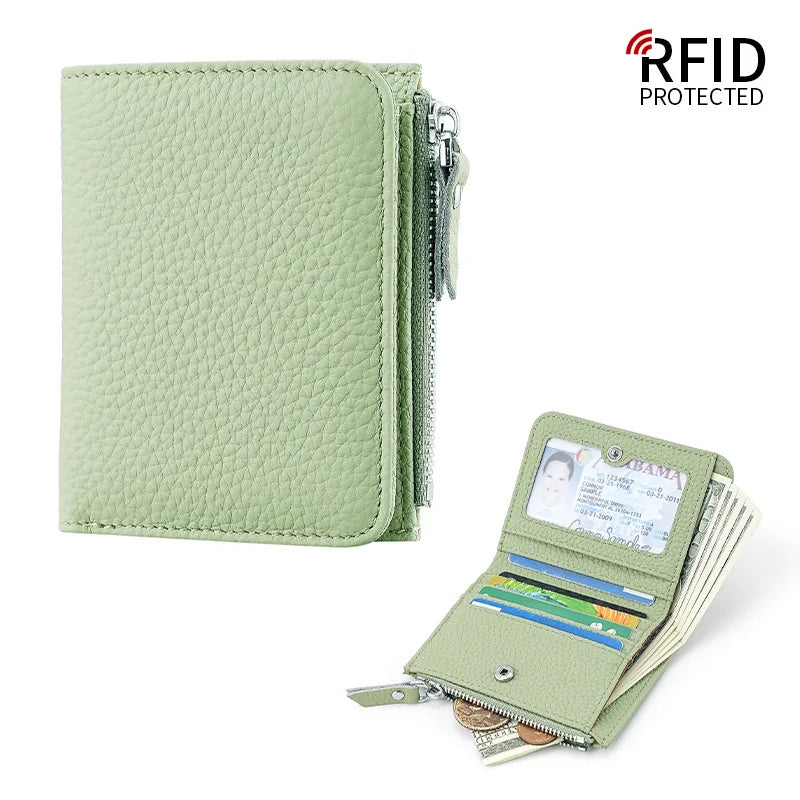Portefeuille femme compact en cuir véritable RFID avec zip et porte-cartes sécurisé — photo 6 Image