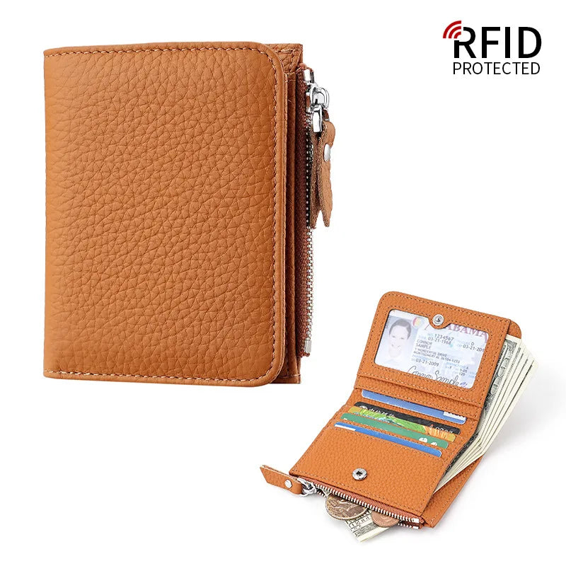 Portefeuille femme compact en cuir véritable RFID avec zip et porte-cartes sécurisé — photo 7 Image