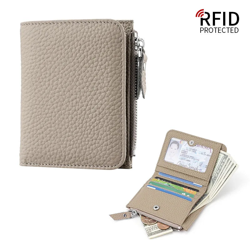 Portefeuille femme compact en cuir véritable RFID avec zip et porte-cartes sécurisé — photo 8