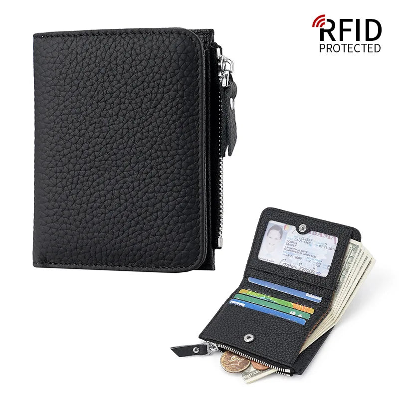 Portefeuille femme compact en cuir véritable RFID avec zip et porte-cartes sécurisé — photo 9