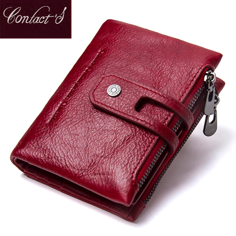 Portefeuille femme compact en cuir véritable RFID avec zip et bouton pression élégant — photo 1