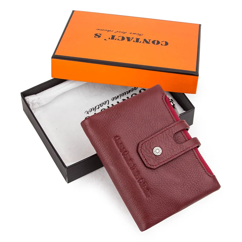 Portefeuille femme compact en cuir véritable RFID avec zip et bouton pression élégant — photo 15
