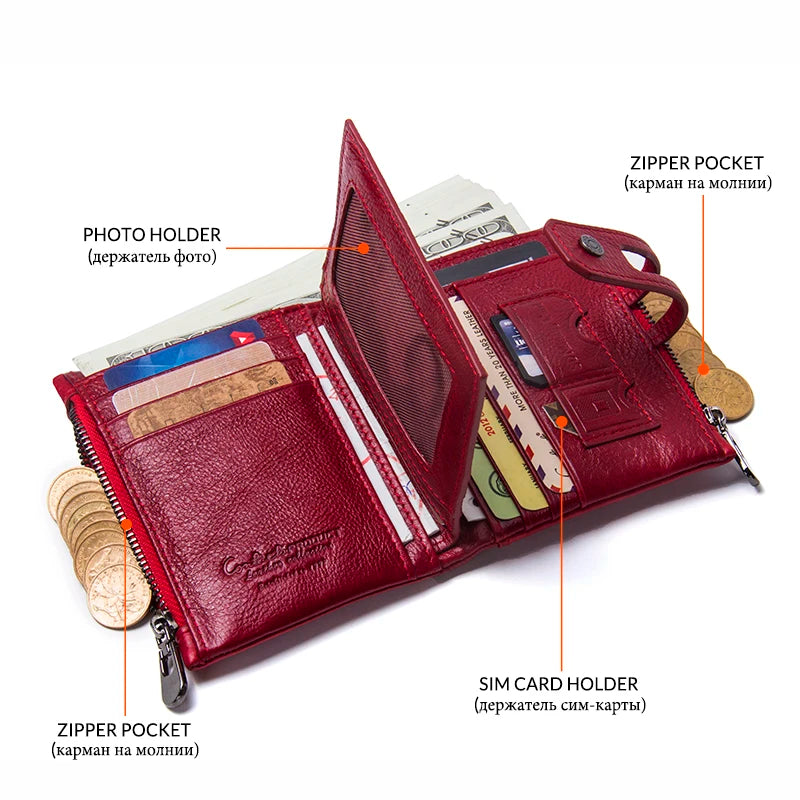 Portefeuille femme compact en cuir véritable RFID avec zip et bouton pression élégant — photo 3