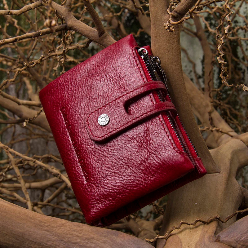 Portefeuille femme compact en cuir véritable RFID avec zip et bouton pression élégant — photo 6