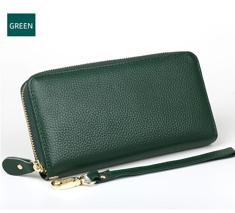 Portefeuille femme long cuir souple vert, 8 fentes cartes