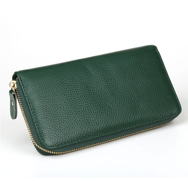 Portefeuille femme long cuir souple vert, 8 fentes cartes