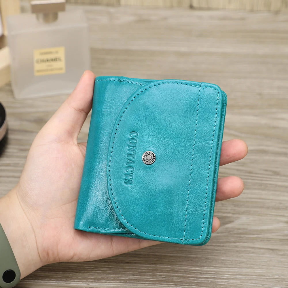 Portefeuille femme compact en cuir véritable avec porte-cartes et double compartiment monnaie — photo 1