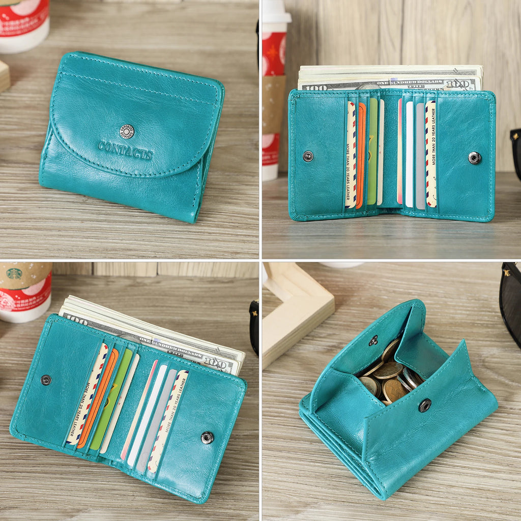 Portefeuille femme compact en cuir véritable avec porte-cartes et double compartiment monnaie — photo 4