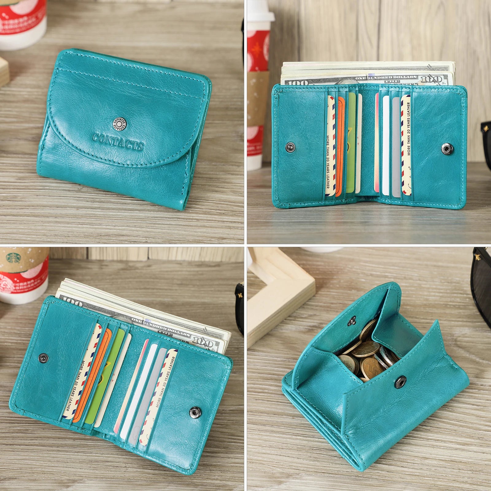 Portefeuille femme compact en cuir véritable avec porte-cartes et double compartiment monnaie — photo 4 Image