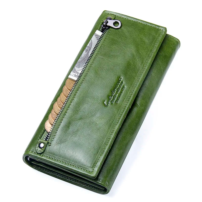 Portefeuille long femme en cuir véritable grande capacité avec zip et compartiment téléphone — photo 1