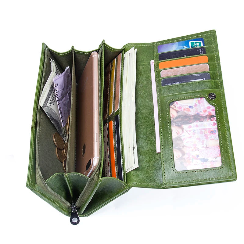 Portefeuille long femme en cuir véritable grande capacité avec zip et compartiment téléphone — photo 2