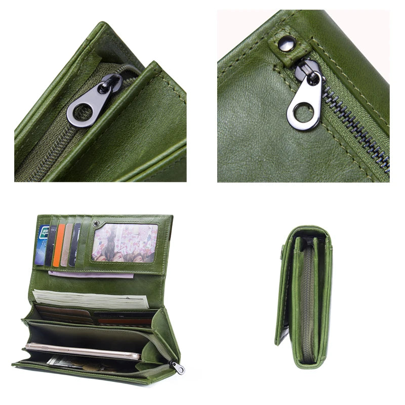 Portefeuille long femme en cuir véritable grande capacité avec zip et compartiment téléphone — photo 3