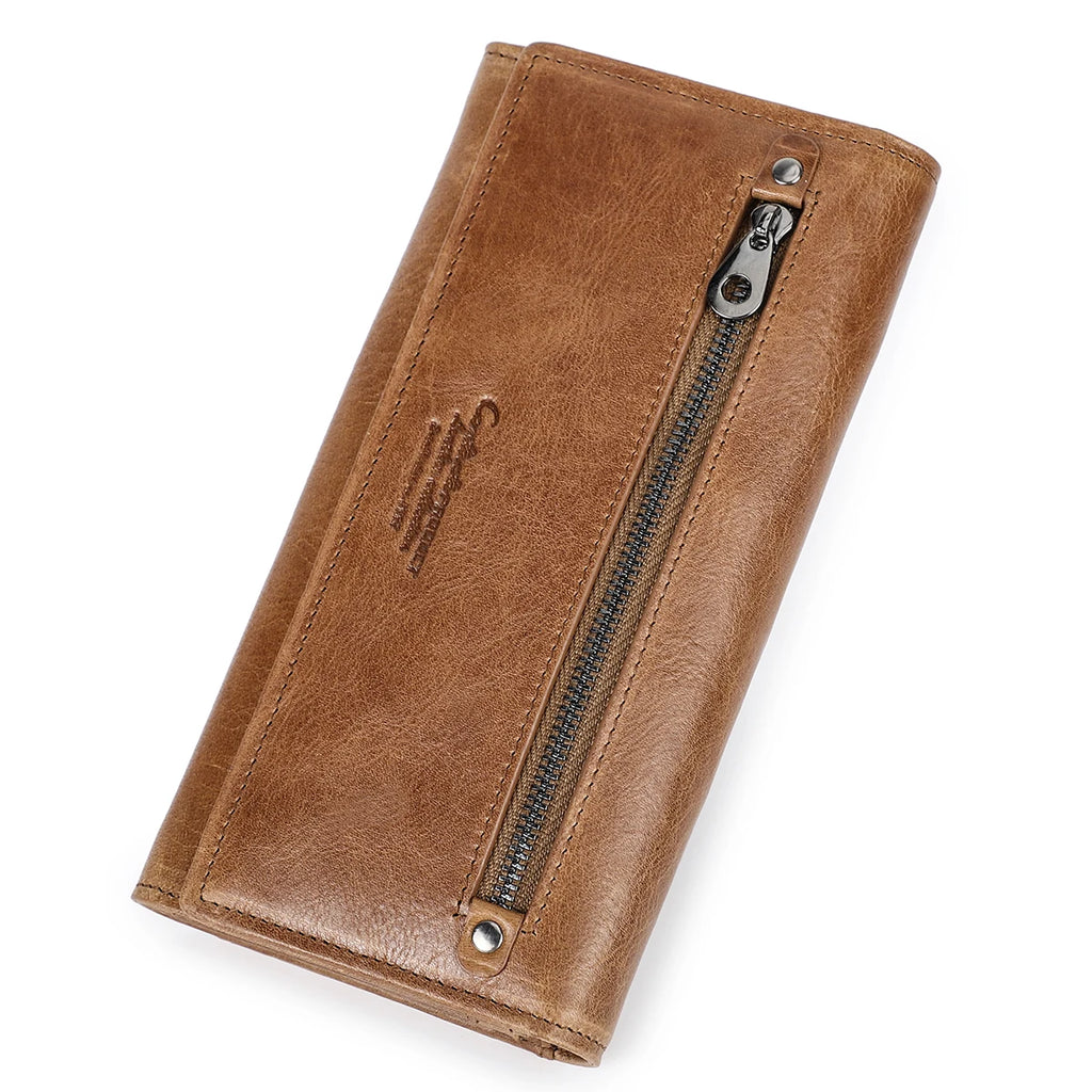 Portefeuille long femme en cuir véritable grande capacité avec zip et compartiment téléphone — photo 7