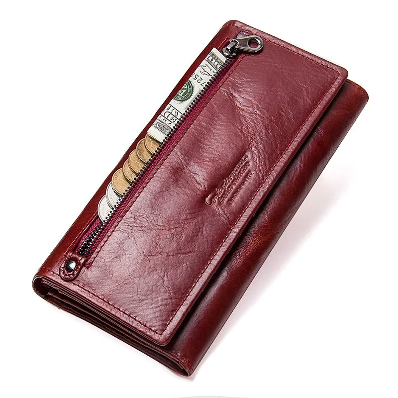 Portefeuille long femme en cuir véritable grande capacité avec zip et compartiment téléphone — photo 9