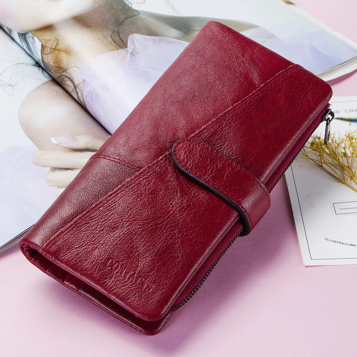 Portefeuille long en cuir véritable de vachette avec gravure personnalisée pour femme — photo 1