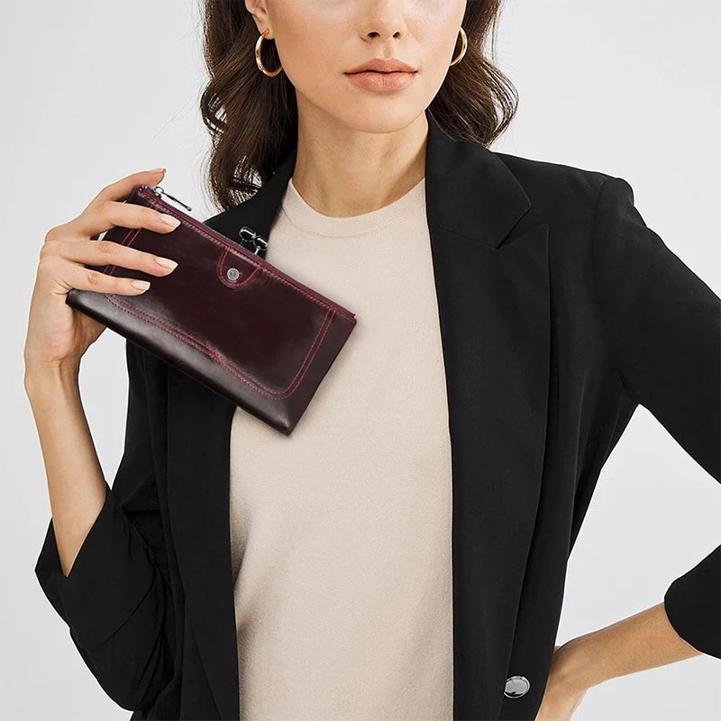 Portefeuille long femme en cuir véritable avec cadre métallique zip et grande capacité — photo 1