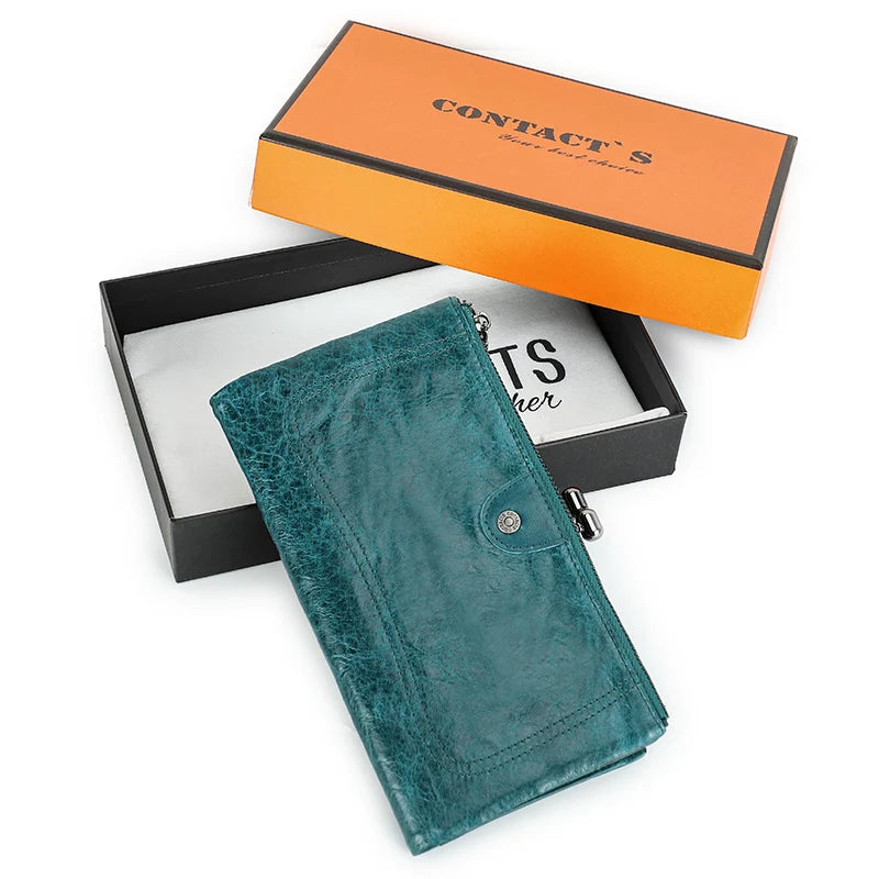 Portefeuille long femme en cuir véritable avec cadre métallique zip et grande capacité — photo 4