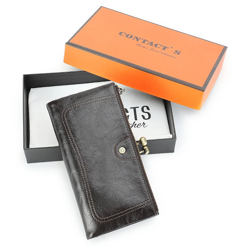 Portefeuille long femme en cuir véritable avec cadre métallique zip et grande capacité — photo 6