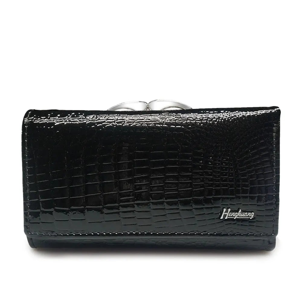 Portefeuille femme compact en cuir véritable verni effet crocodile avec fermoir métallique — photo 10