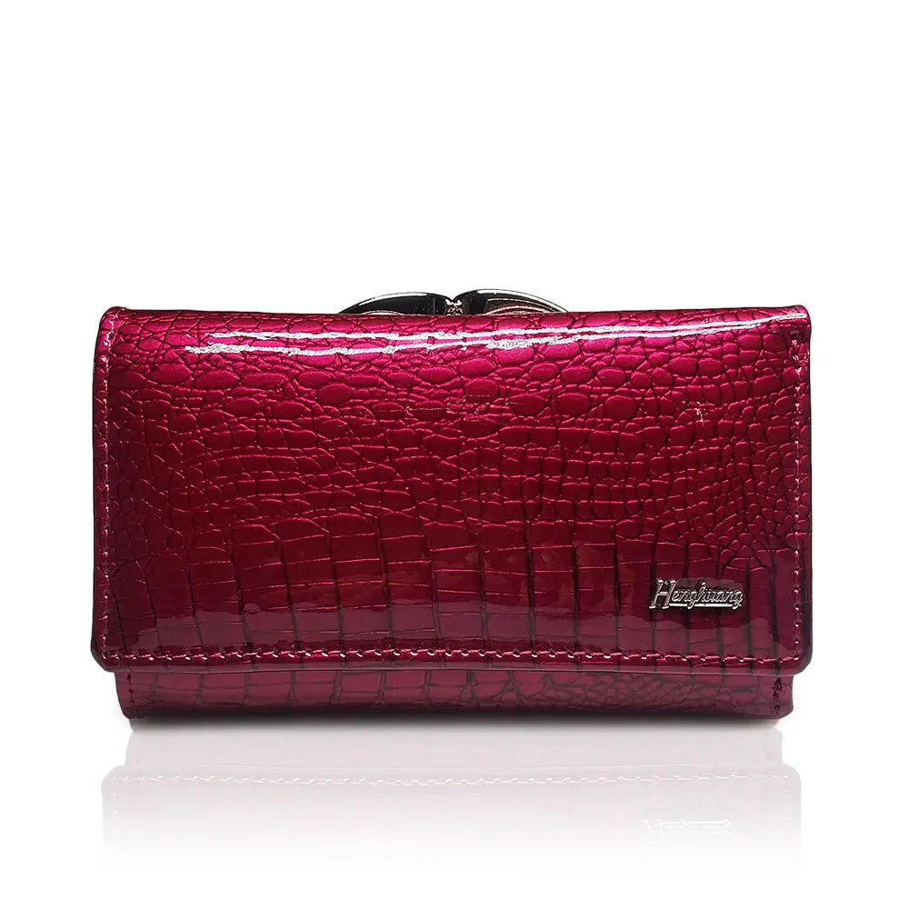 Portefeuille femme compact en cuir véritable verni effet crocodile avec fermoir métallique — photo 11