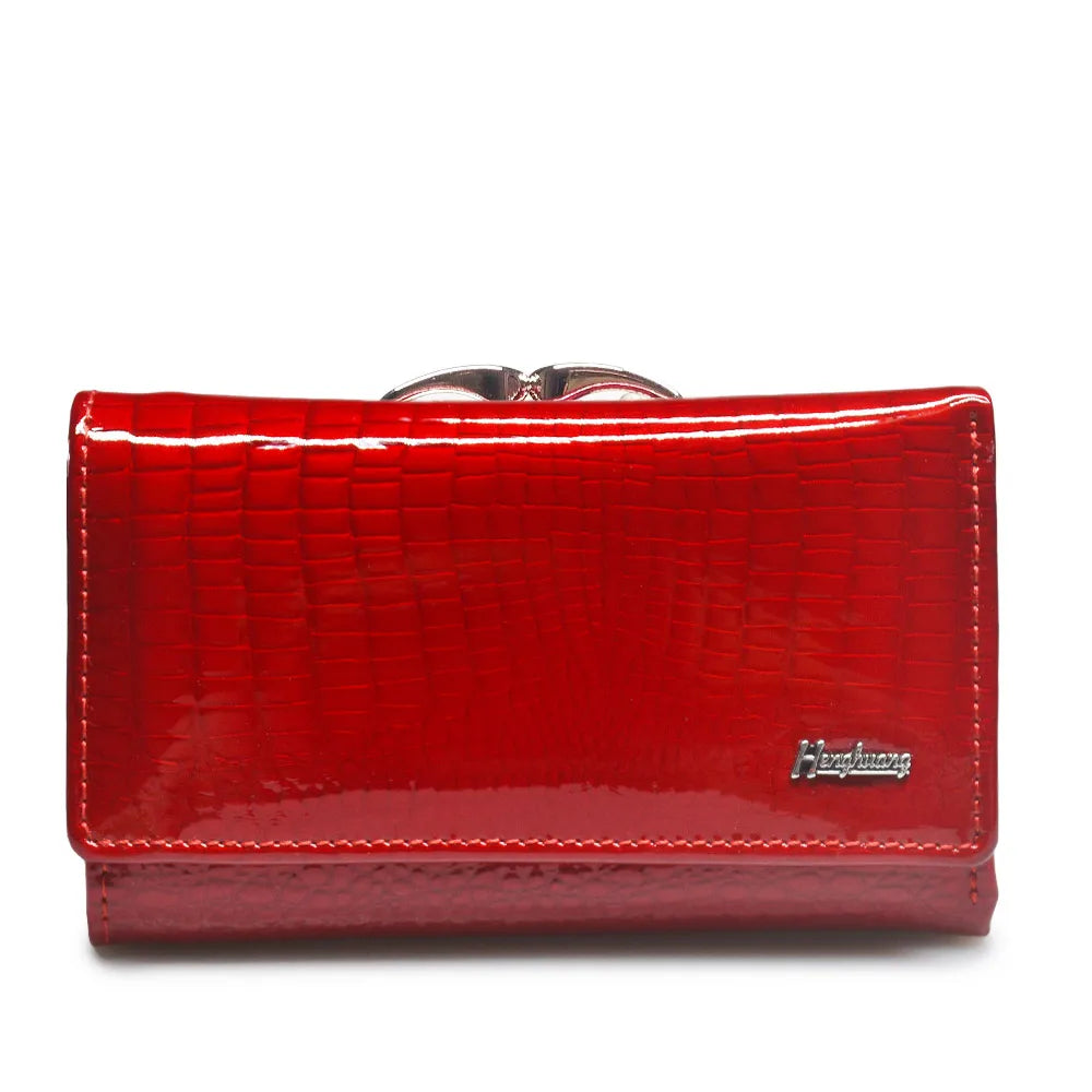 Portefeuille femme compact en cuir véritable verni effet crocodile avec fermoir métallique — photo 12