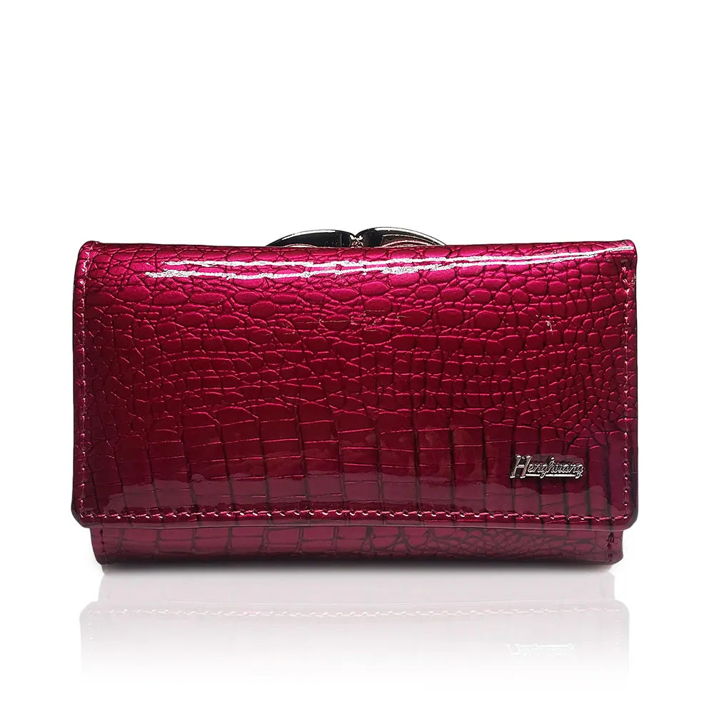 Portefeuille femme compact en cuir véritable verni effet crocodile avec fermoir métallique — photo 6