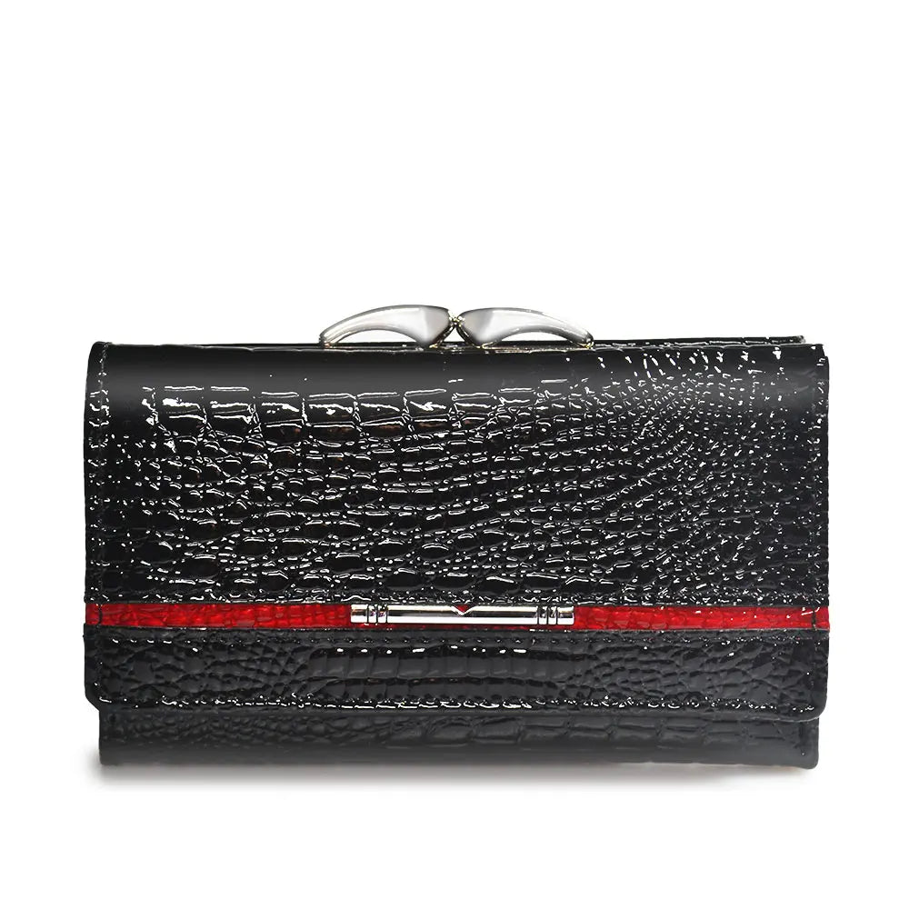 Portefeuille femme compact en cuir véritable verni effet crocodile avec fermoir métallique — photo 7
