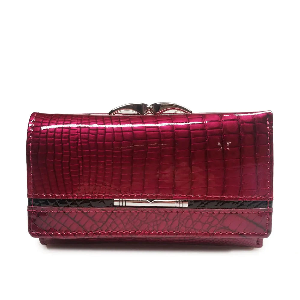 Portefeuille femme compact en cuir véritable verni effet crocodile avec fermoir métallique — photo 9