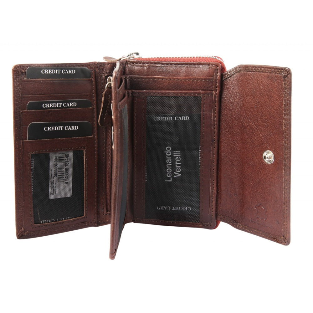 Portefeuille femme en cuir zippé à rabat intérieur pressé