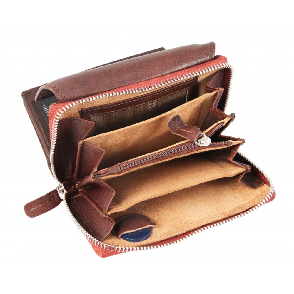 Portefeuille femme en cuir zippé à rabat intérieur pressé