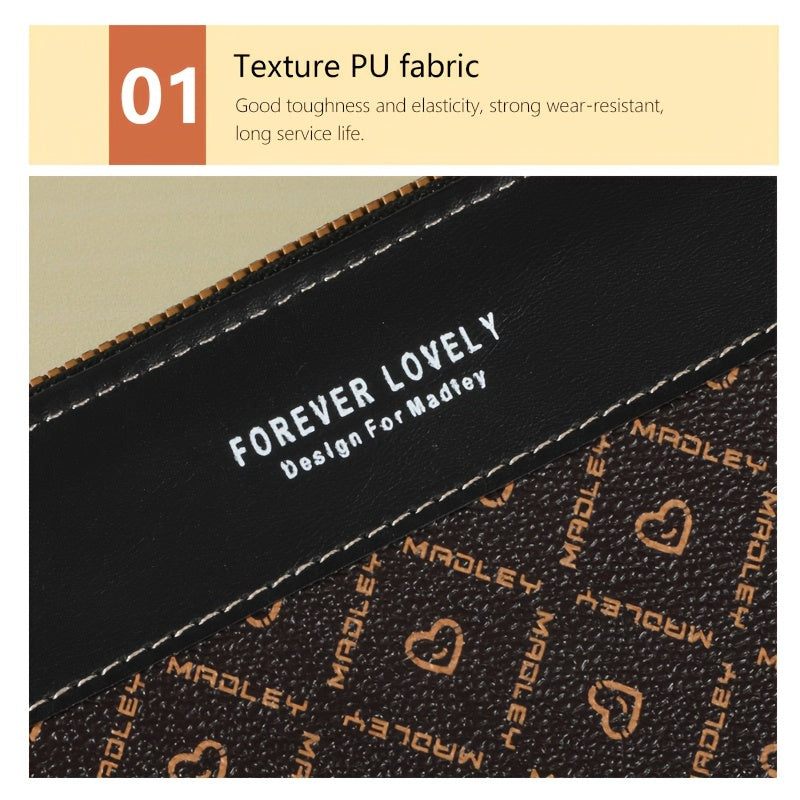 Portefeuille femme double zip, imprimé cœurs, 8 fentes cartes