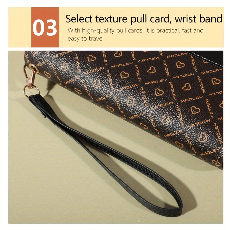Portefeuille femme double zip, imprimé cœurs, 8 fentes cartes