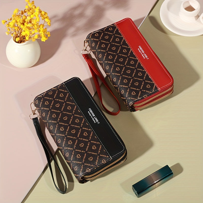 Portefeuille femme double zip, imprimé cœurs, 8 fentes cartes
