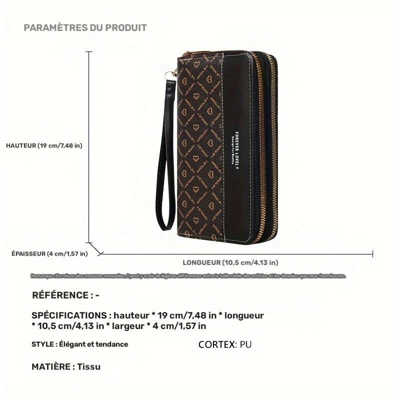 Portefeuille femme double zip, imprimé cœurs, 8 fentes cartes