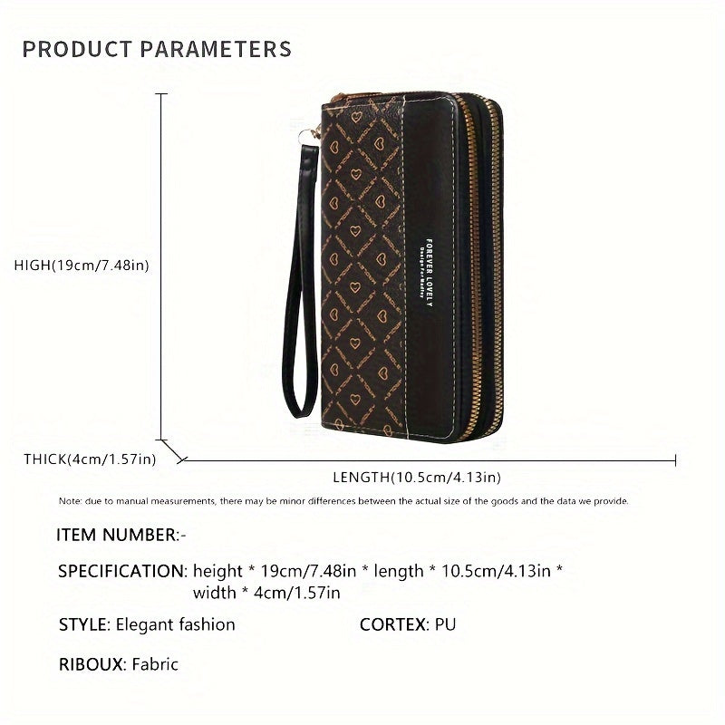 Portefeuille femme double zip, imprimé cœurs, 8 fentes cartes