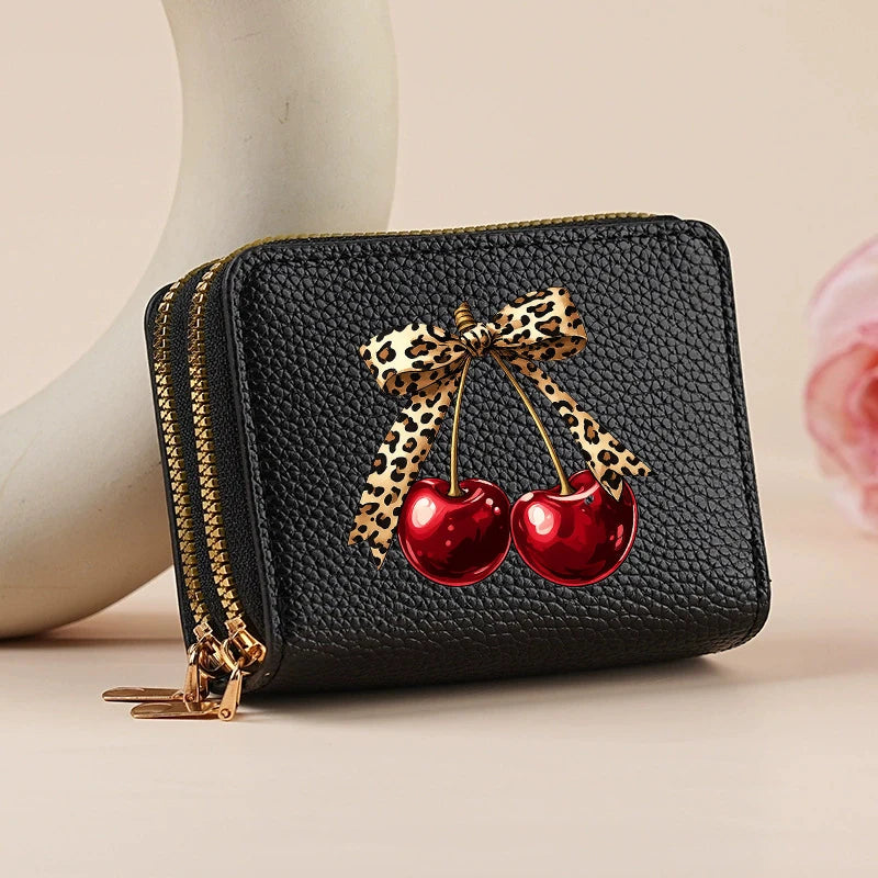 Mini portefeuille double zip pour femme avec motifs léopard et cerise — photo 1