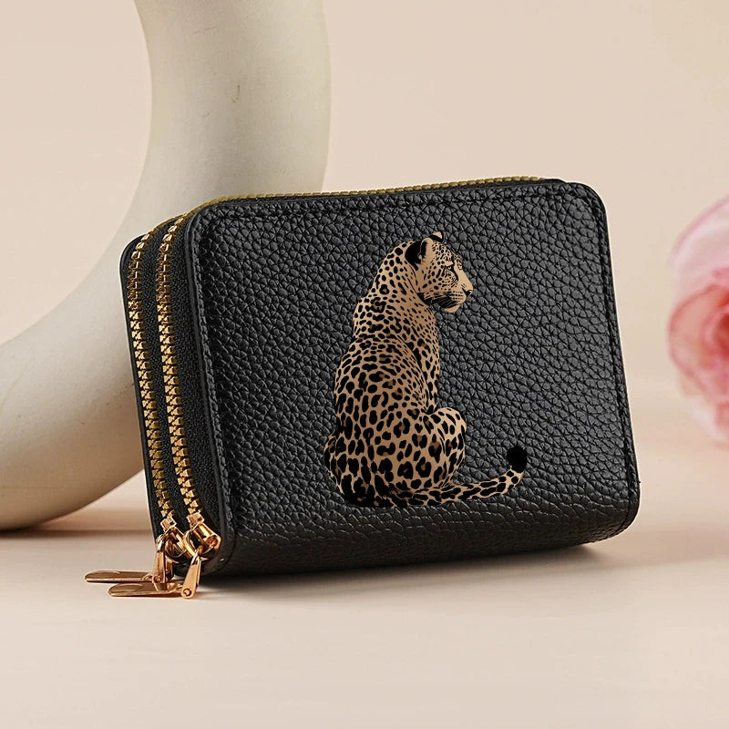 Mini portefeuille double zip pour femme avec motifs léopard et cerise — photo 14