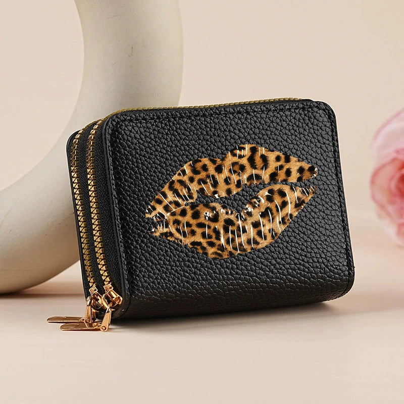 Mini portefeuille double zip pour femme avec motifs léopard et cerise — photo 5
