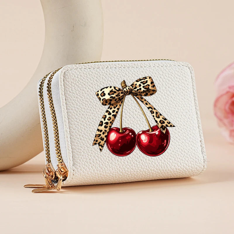 Mini portefeuille double zip pour femme avec motifs léopard et cerise — photo 9