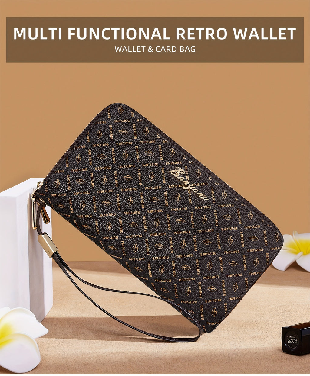 Portefeuille femme double zip marron, doublure au choix