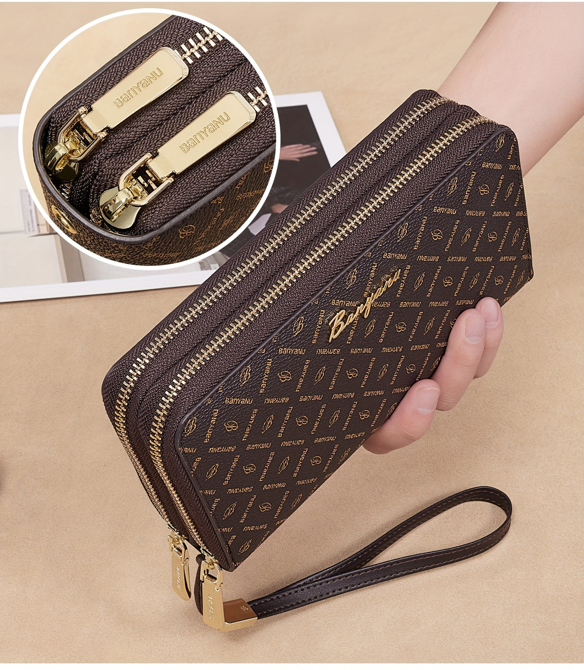 Portefeuille femme double zip marron, doublure au choix