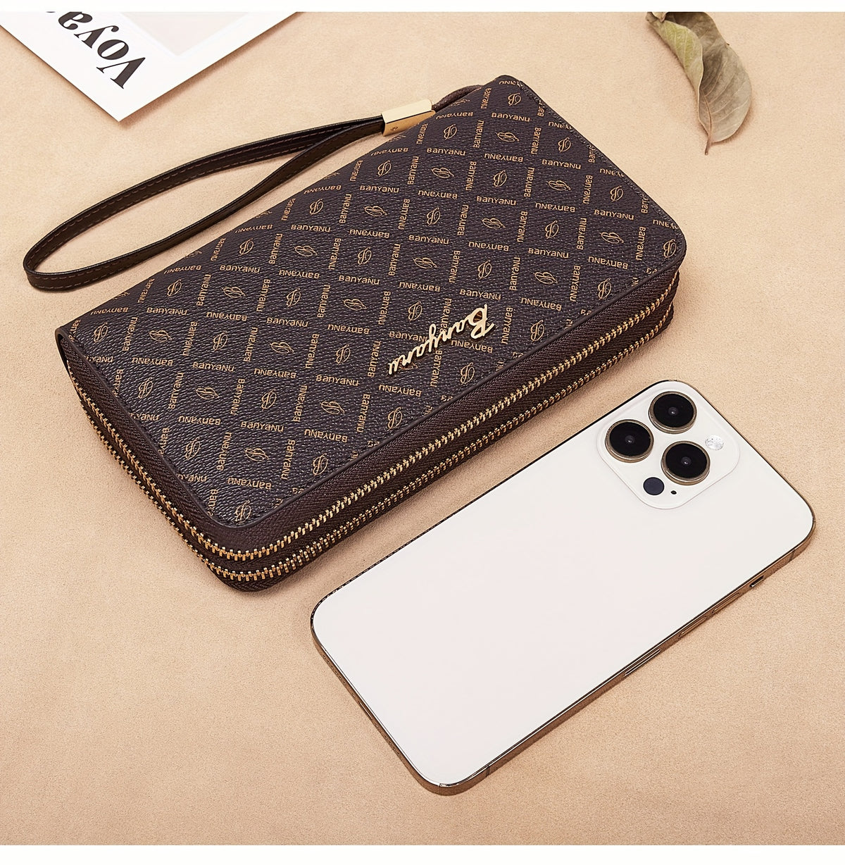 Portefeuille femme double zip marron, doublure au choix