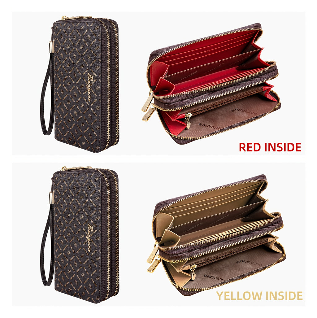 Portefeuille femme double zip marron, doublure au choix