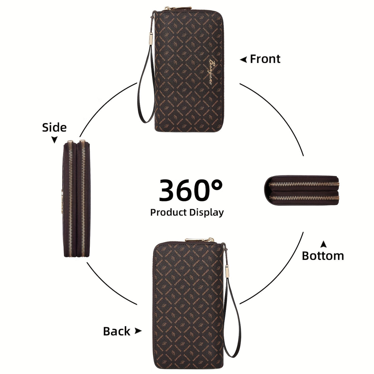 Portefeuille femme double zip marron, doublure au choix
